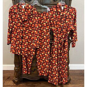 Josie by Natori Women's 3 Piece Pajama & Robe Set Large Button Front Top Pants L